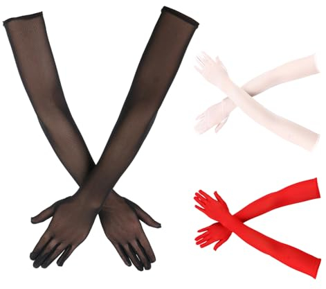 GUTERTOP 3 Paar Tüll Handschuhe Lang, Handschuhe für Damen für Frauen Mädchen Halloween Karneval Fasching Fest Party Kostüm(Schwarz, Weiß, Rot)