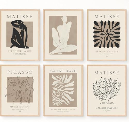 Mattisse Poster 6er Bilder Set,Beige Bilder Wandkunst,Picasso Poster deko,Minimalistisch Boho Henri Matisse Kunst, Kein Rahmen 8x12inch(20x30cm)