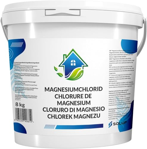 SOLUP Magnesiumchlorid Flakes 8 kg Magnesiumflocken für Fußbad und Vollbad | Badesalz ohne Zusätze | Hexahydrat mit gebundenem Wasser | Schnell und rückstandsfrei löslich | Dicht schließender Eimer