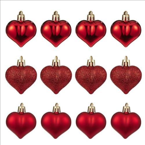 12 x Herzkugel-Anhänger, Herz-Anhänger, Valentinstagsdekoration für Weihnachtsbaumschmuck (rot)