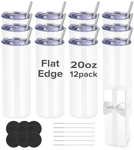 FASTSUB Sublimation Tumblers 20 oz Blank Bulk Cups Straight Skinny Stainless Steel Double Wall Vacuum Insulated with Lids and Straws for Tumbler Heat Press White 12 Pack
