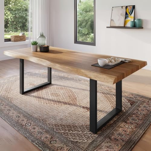 trelevo Esszimmertisch 200x100 cm, Akazienholz massiv, Tischplatte naturfarben, echte Baumkante, U-Gestell schwarz, Baumkantentisch