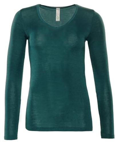 Living Crafts - Felicia - Langarm-Shirt - Funktionale und Elegante Unterwäsche, Bio-Wolle und Seide, Atmungsaktiv, V-Ausschnitt mit Spitzenborte (40-42, Dark Sea)