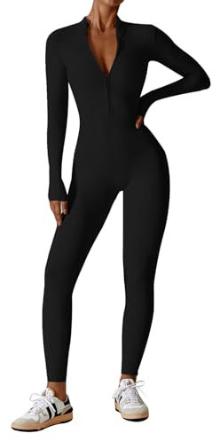 Ecupper Jumpsuits Damen Yoga Bodycon Einteiler Zip Up Overall Rompers Langärmelig Workout Outfit Schwarz XS