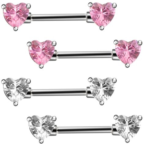 Lot de 2 paires de piercings de téton en forme de cœur rose - Piercing de téton - Piercing de langue - En acier chirurgical - Avec filetage intérieur - Bijou pour femme, 2,7 x 0,6 cm, Zircon en acier