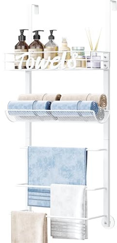 SWTYMIKI Over Door Towel Rack - 5 Tier Towel Storage Rack Wall Mounted with Metal Shelf, Over Door Towel Rail, Space-Saving Bathroom Towel Storage, Multi-Functional Bathroom Accessories, White