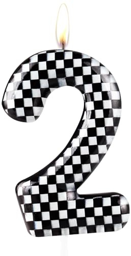 Zolunu Racing Car Birthday Candle, Metallic Black White Checkered 2nd Birthday Cake Candle, Number 2 Candle, Birthday Cake Topper for Boys Girls Race Car Themed Party Decorations Supplies