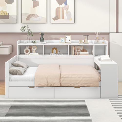NNJN 90 * 200cm Schlafsofa, Daybett, Tagesbett, Nachttischablage und Untertischablage, Bett mit Steckdose und USB-Anschluss, 2 Schubladen, Schreibtisch, ohne Matratze, Spanplatte (Weiß)