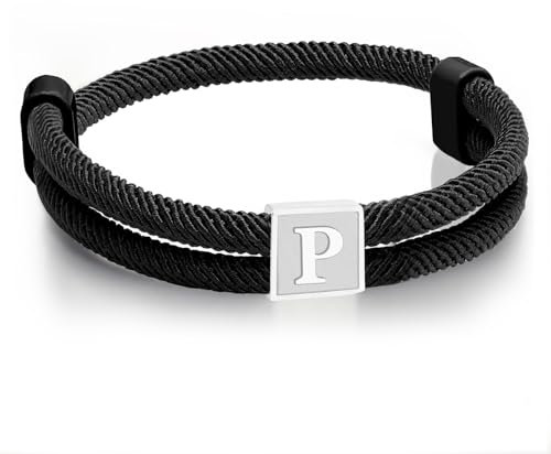 Paracord Armband Herren Surferarmband Bracelet Schwarz Segeltau Armband Herren Verstellbares Handgemacht Geflochtenes Armbänder mit Buchstaben A-Z Abschluss Geburtstag Geschenke für Männer (Silber P)