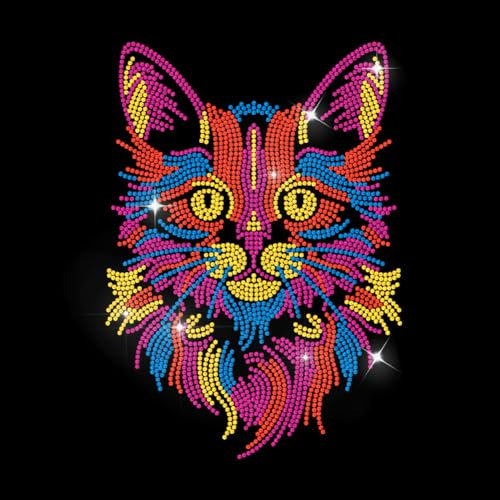 MAYJOYDIY Katzenkopf Hotfix Strass Aufbügeln Buntes Katzen Design Kristall Strass Aufkleber Glitzer Hotfix Transfer Patch Kleidung Reparatur Applikation für T-Shirt Hut Hosen Tasche