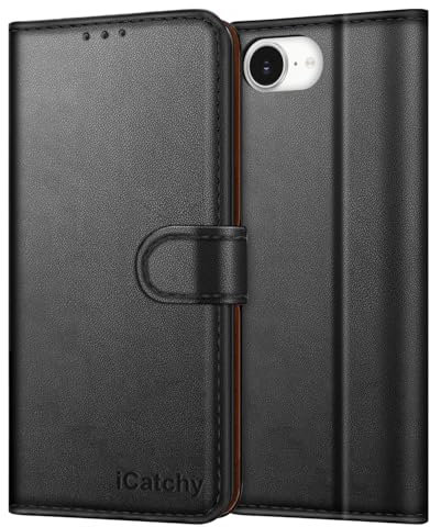 iCatchy for iPhone 16E Case Leather Magnetic wallet Flip Cover Card Holder Kickstand Feature Full Protection Shockproof Phone Cover compatible with iPhone 16e (Black)