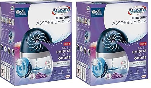 Ariasana Aero 360° kit assorbiumidità, deumidificatore ricaricabile non elettrico, assorbi umidità contro condensa e muffa, 1 dispositivo e 1 ricarica Tab lavanda da 450g (Confezione da 2)