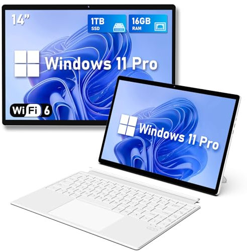 FUNYET Portátiles 2 en 1, Procesador N100 16GB RAM 1TB SSD Windows 11 PC Laptop, Laptop de 14, Teclado Bluetooth con Retroiluminación y Desbloqueo de Huellas Dactilares