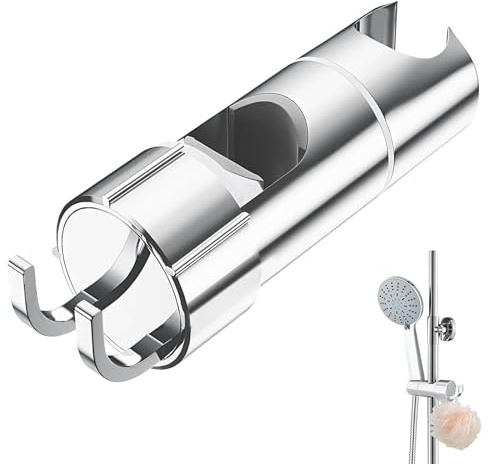 Omnikryp Supporto Soffione Doccia, Supporto Doccia Regolabile con Ganci per Asta Docce da 16-27 mm, ABS Cromo Accessori Bagno, Argento