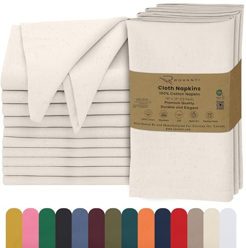 Ruvanti Cloth Napkins Set of 12, 100% Cotton 18”x18” - Natural Color | Washable, Soft, Durable & Absorbent Everyday Napkins. For Home, hotel, Wedding Napkins, Thanksgiving, Christmas Dinner Napkin