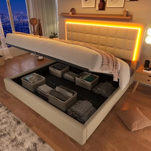 RIAZOS LED Bett 160x200 cm, Polsterbett mit Stauraum, Stauraumbett mit Hydraulisch, Doppelbett Bettgestell mit Lattenrost & Bettkasten & Kopfteil, PU-Oberfläche, ohne Matratze, Weiß