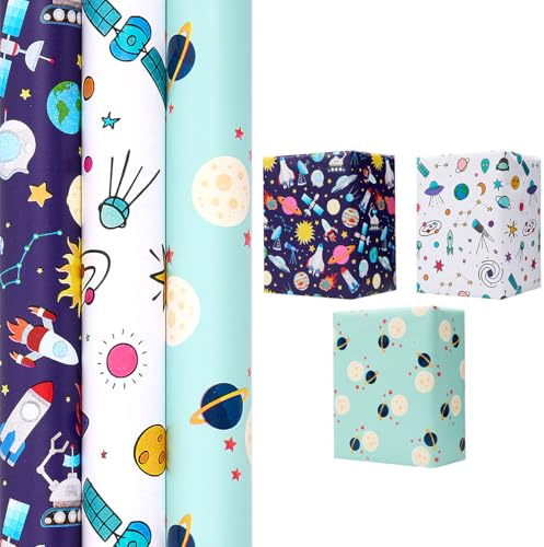 3 Rollen Geschenkpapier zum Geburtstag: 43 cm x 3 m Geschenkpapier mit Weltraummuster – Blau, Himmelblau und Weiß zum Verpacken von Kindergeburtstagen