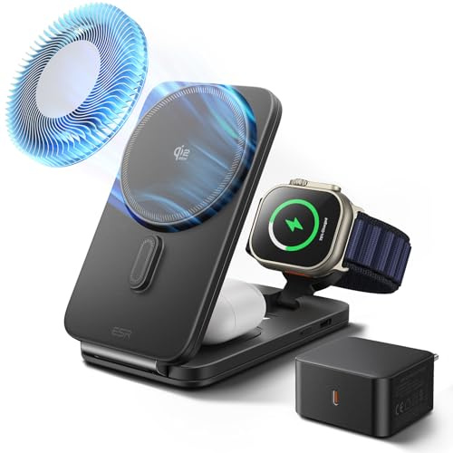 ESR 3-in-1 Magsafe Ladestation, QI2.2 Induktive Ladestation für iPhone 17 | 25W CryoBoost Ladegeräte für Apple, Magsafe Wireless Charger für iPhone 17e/16 mit iOS 26, Apple Watch, AirPods, 65W Adapter