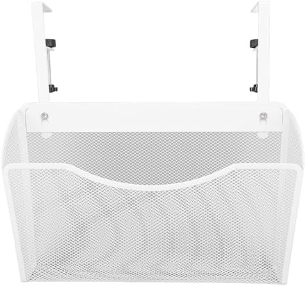 Aramox Adjustable Carbon Steel Desk Side Organizer, Under Desk Storage with Dividers Mesh Clamp On Storage Holder Neat Tidy Desktop Organizer (White)