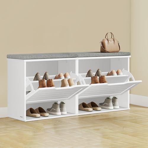 VASAGLE Schuhbank mit Sitzkissen, 2er Set, Schuhkipper für 6 Paar Schuhe | Sitzbank, 30 x 60 x 53,5 cm, Klappfach mit verstellbarer Trennwand, Flur, Schlafzimmer, wolkenweiß-taubengrau