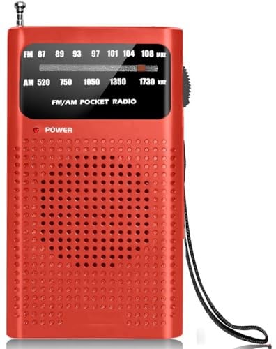 Radio AM/FM portable d'urgence Innovaland Premes - Radio de survie 2 bandes à piles pour les voyages et le camping - Petite radio de poche avec antenne télescopique, prise casque et bandoulière, rouge