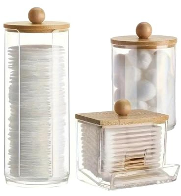 3Pcs Cotton Pad Holder,Cotton Wool Bud/Swab/Ball Holder,with Bamboo Lid,Bathroom Qtip Dispenser Jars Canisters Holders for Vanity Cotton Ball Qtips Makeup Storage Organiser Cosmetic Storage Box