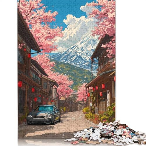 1000-teiliges BMW-Puzzle in der japanischen Kirschblütenstraße, Puzzle für Erwachsene, Holzpuzzles für Erwachsene, Teenager, Mann, Frau, Geschenk, 1000 Stück (75 x 50 cm)