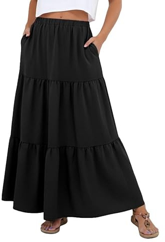 PrinStory Lange Rock Damen Sommer Mit Tasche A Linie Maxirock Boho Rocke Maxi Skirt Freizeitrock Strandkleider