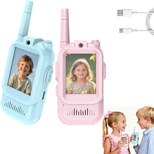 Video Walkie Talkies for Kids,2 Pcs Wireless Rechargeable Walky Talkie Kids,Long Range Reliable Signal & Camera & Voice Changer,Communication Toy for Girls & Boys Indoor Outdoor Play(Blue+Pink)