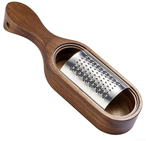 Cheese Grater with Container and Lid, Stainless Steel Cheese Grater Wooden Box Acacia Wood Cheese Slicer Kitchen Grater for Cheese and Food Preparation(Handle)