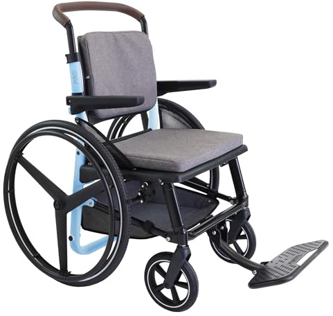 KMINA Rollstuhl selbstfahrend klappbar, leichtes Aluminium, Korb, Blau | Hinterräder 60 cm mit Antriebsring, Feststellbremse, Verstellbarer Lenker, Gepolsterter Sitz, Modell Pro