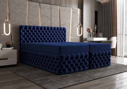 B&B HOME Boxspringbett Figo II, Doppelbett 180x200 cm, Samt-Polsterung, Chesterfield-Steppung, Holzrahmen, inkl. Topper, Bettkasten mit Federautomatik (Riviera38)