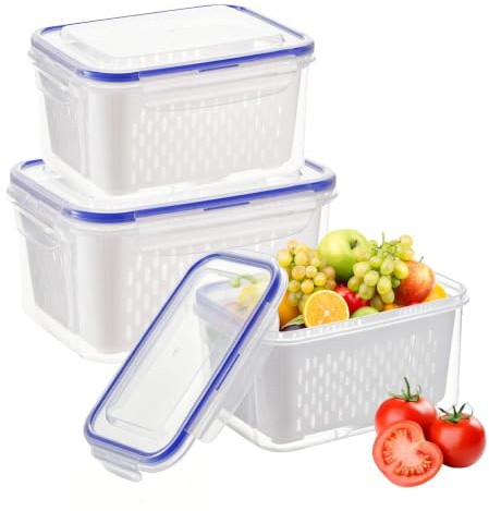 dogmoon Fridge Fruit Storage Containers with Removable Colander, 3 Set Fresh Food Storage Containers with Lids Airtight, Stackable Leak Proof Fridge Containers for Kitchen Meat Fruit Vegetables(Blue)