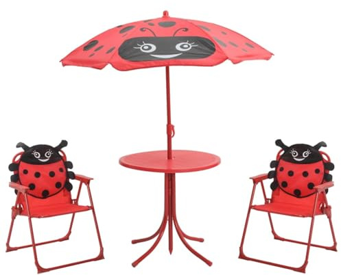 sephironlbb 3-TLG. Garten-Bistro-Set für Kinder mit Sonnenschirm Rot, Stahlrohr, 50 cm Tisch, 2 klappbare Stühle, 105 cm Schirm, Robustes Outdoor Möbel, platzsparend, wetterfest