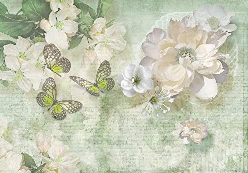 wandmotiv24 Fototapete Blumen Schmetterlinge hell grün, XXL 400 x 280 cm - 8 Teile, Wanddeko, Wandbild, Wandtapete, Vintage, Diamanten, Zeichnung M1754