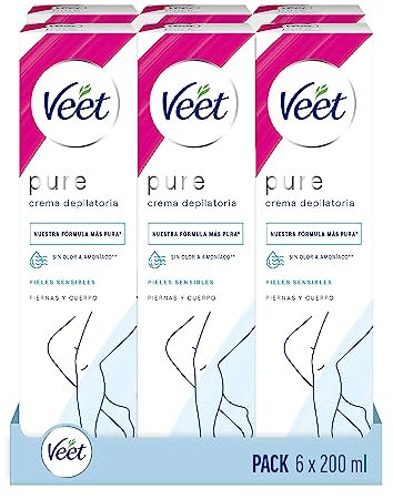 Veet Crema Depilatoria Corporal para Mujer con Aloe Vera y Vitamina E, Pieles sensibles, 6 x 200 ml, hasta 20 Semanas de Suavidad