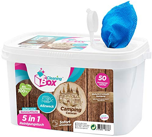 CleaningBox® CaravanWipes Feuchte 5-in-1 Reinigungstücher Camping & Caravan, 50x Reinigungstücher Allzweckreiniger - Wohnmobil und Wohnwagen Zubehör - Biologisch Abbaubar und Made in Germany