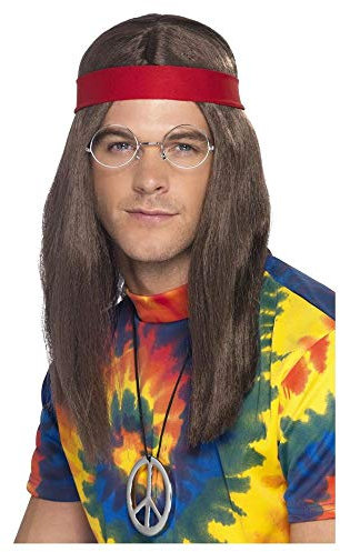 4-teiliges 60er Jahre Hippie Set Perücke Peace Kette Stirnband Brille 70er
