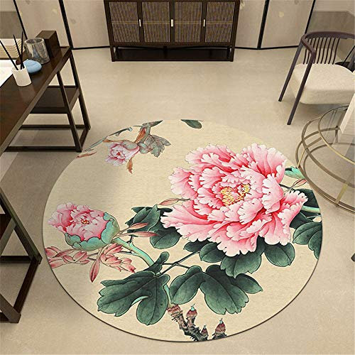 Tapis Rond Lavable en Machine, Morbuy À la Chinoise Pivoine Imprimé Interieur Anti Slip Chambre à Coucher Salon Tapis d'Entrée Absorbant Antidérapant (80cm,Rose)