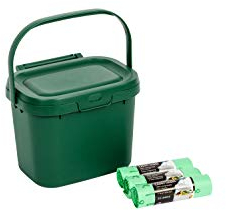 Addis Everyday Kitchen Food Caddy Bin, Dark Green, with 60 x 100% Compost Bags (3 Rolls of 20 Liners), Single