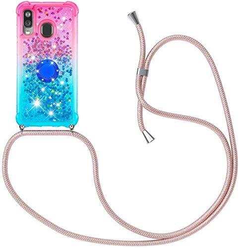 HongMan Handykette für Samsung Galaxy A40 Glitzer Flüssig Bewegende Treibsand Handyhülle+Case mit Umhängeband Handykordel mit Schutzhülle Hülle mit Band Kette Hülle-mit Ständer Holder