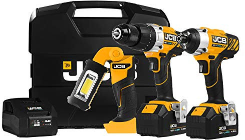 JCB 18V Cordless Power Tool Set, Drill Driver, Impact Driver and Inspection Light, 2x4.0Ah Batteries & Fast Charger in Power Tool Case, 3 Year Warranty