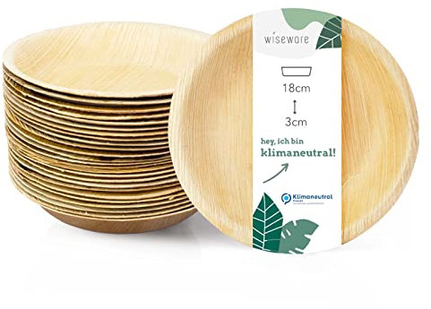 wisefood Cuenco de hoja de palma – 25 platos desechables hondos y redondos de 18 cm de diámetro – Vajilla de hoja de palma biodegradable – Vajilla desechable ideal como plato hondo, plato de ensalada