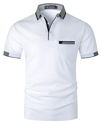LIUPMWE Men's Short Sleeve Polo Shirts with Pocket Contrasting Colors Golf T-Shirt Tops,M,White-YT24