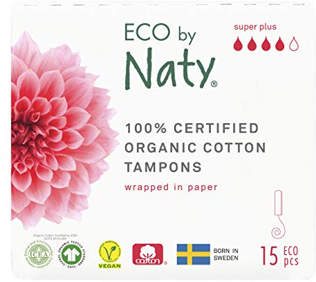 Eco by Naty Tampons ohne Applikator Super Plus - Pflanzenbasierte und saugfähige Tampons für Frauen, Menstruationsprodukt aus Bio-Baumwolle, besser für die weibliche Gesundheit (15 Stück)
