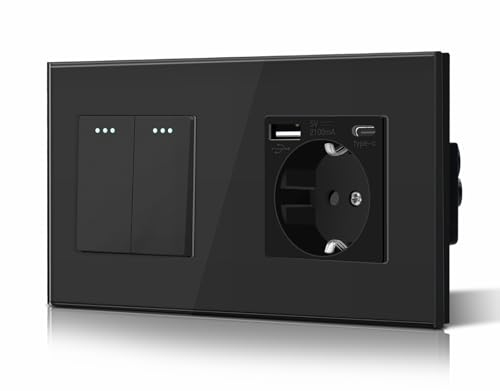 BSEED Druckknopf Rocker Tactile 2 Fach 1 Weg Lichtschalter Glas und 3 in 1 Steckdose mit 2.1A USB Ladeleistung mit Type C Adapter Aufladestation Glasscheibe Wandschalter Schwarz
