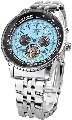 FORSINING Automatische mechanische Uhr, selbstaufziehend, blaues Zifferblatt, Skelett-Uhr, mechanische Tourbillon-Mode, Herrenuhr, Datum, Tag, Kleiduhr, Geschenk für Herren, Blau, Retro