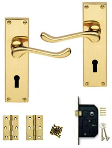Golden Grace Victorian Scroll Lever Lock Door Handles with 3 Lever Lock Set, 2 Keys and 1 Pair of Hinges in Premium Polished Brass Finish