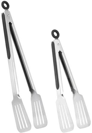 Lebabo Tongs for Cooking, Set of 2 Metal Spatula Tongs for Grilling, Black