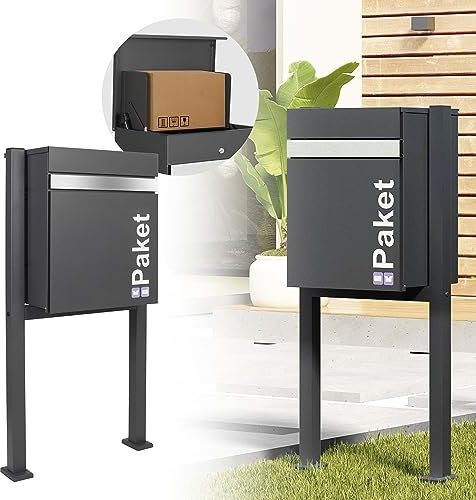 ML-Design Boîte à Paquets avec Support, 44x35x58 cm, Anthracite-Argent, Acier Galvanisé, Serrure à Cylindre, Blocage de Retour, 2 Clés, Boîte Postale à Colis avec Pieds 120,5x56,5 cm, Mailbox Moderne